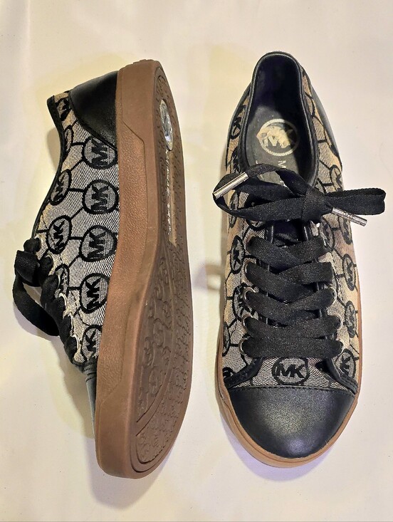 Michael Kors Shoes - Michael Kors Beige and Black MK Monogram Low-Top Sneakers